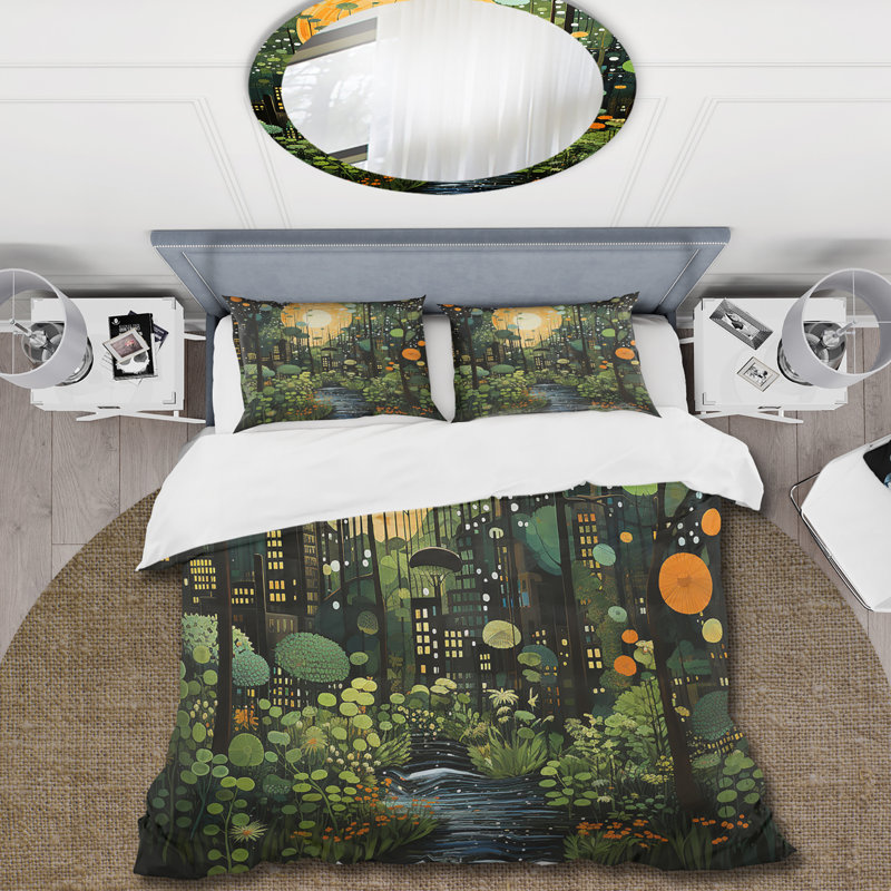 Ensemble de housse de couette vert et jaune Urban Jungle I - Collages abstraits