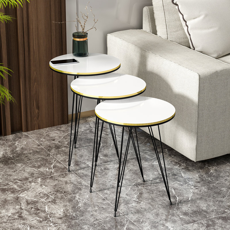 Guillemette Side Table Set, White/Gold/Black, Black