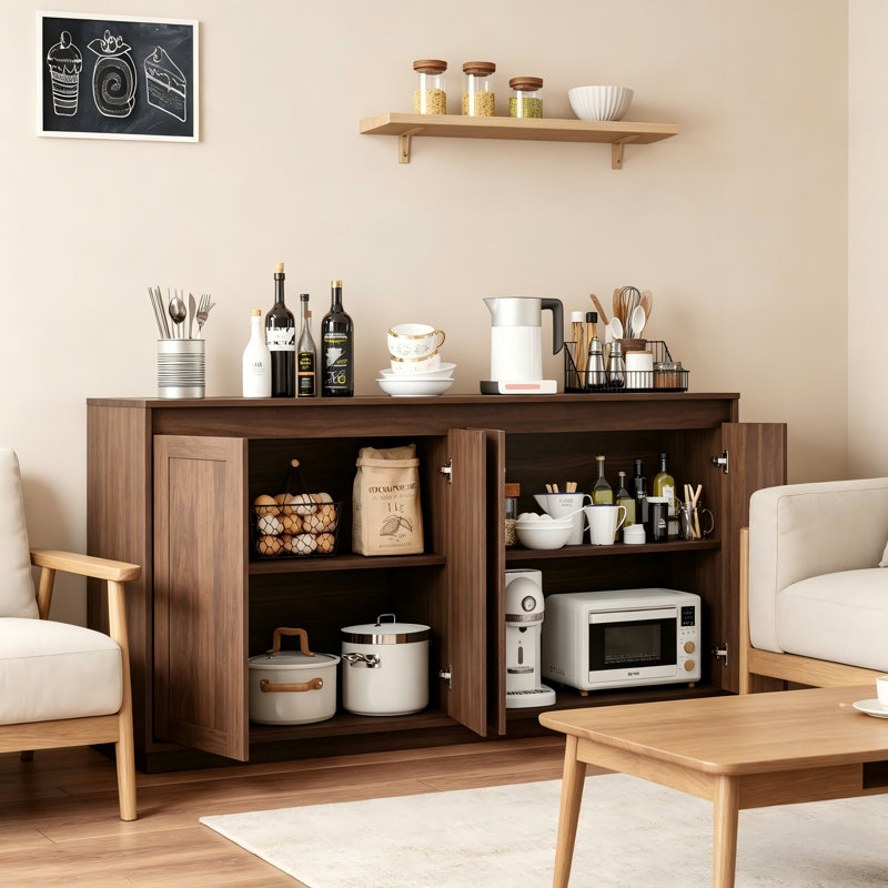 Buffet à quatre portes en bois de noyer avec une texture ondulée et un design sans poignée; Comprend une prise de courant pour une utilisation dans la salle à manger.