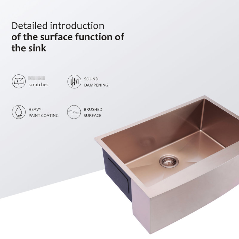 33" Rose Gold Stainless Steel Sink, 33X21x10 Inch, Oil- Nano Coating, Reduced Noise From Faucet Apron Front Inch Steel, Coating For Long-Lasting Use, Soundproof Environment