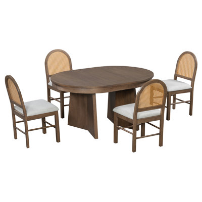 5-Piece Round Dining Table Set for 4, Retro Extendable dining table set with 4 Upholstered Chairs, Kitchen Table and Chairs Set for Dining Room and Ki