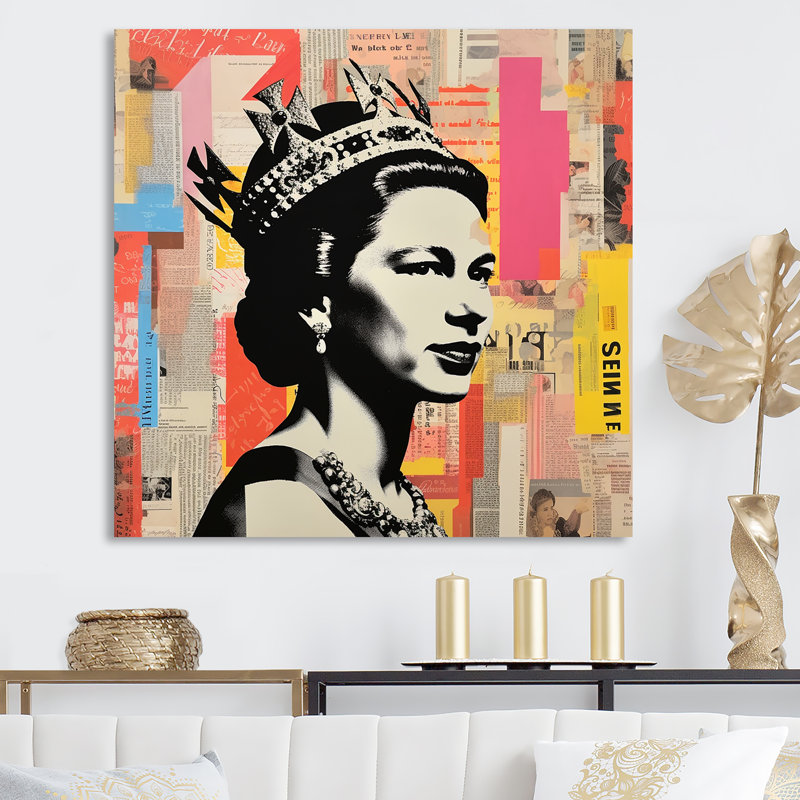 Coloré popart iconique, reine du Royaume-Uni 3 - Art mural célébrité, Toile tendue, H 16 po x l 16 po x P 1 po