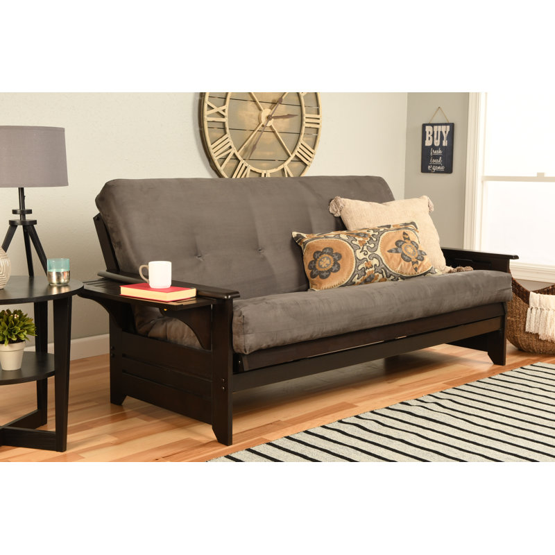 Johnte 82'' Wide Full Futon And Mattress, Espresso, Suede Gray Microsuede, Premium Pocket Coil