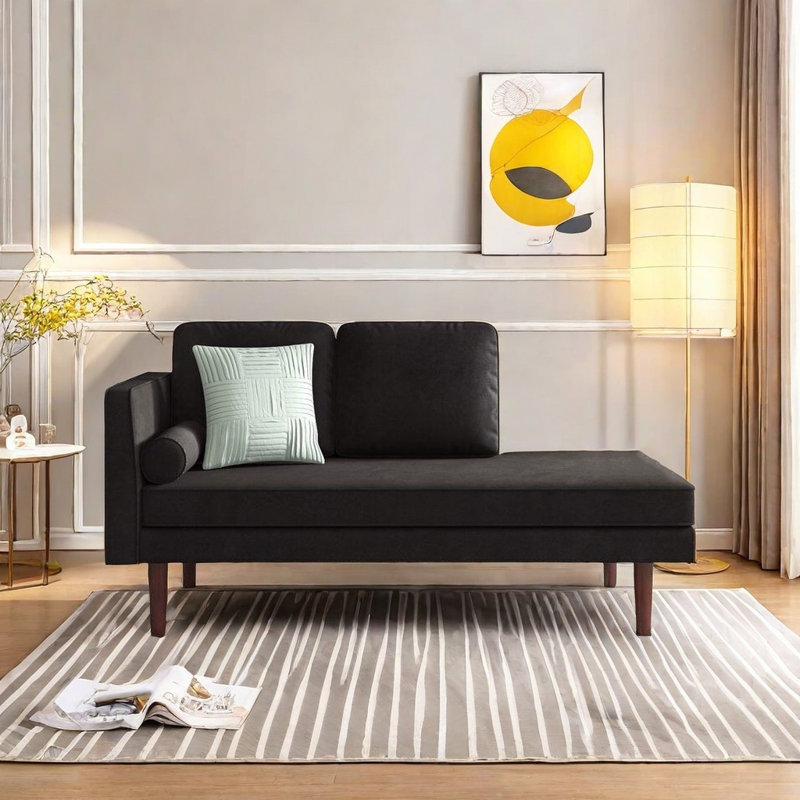Fabric Chaise Lounge with Solid Wood Frame, Left Hand Facing, Deep Coffee Color