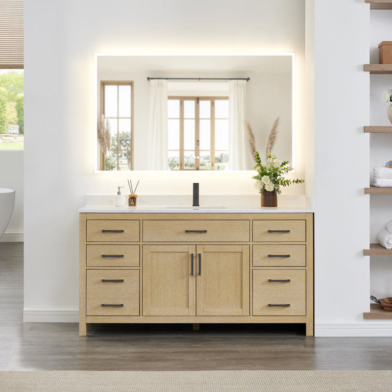 Beckett 66" Freestanding Single Bathroom Vanity with Cultured Marble Top, Whitewashed Oak, Brushed Gold