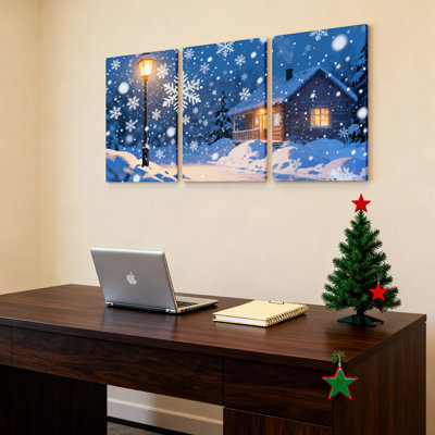Winter Snowflake Landscape With Cozy Cabin And Street Lamp Canvas Wrapped Wall Art Oil Painting Print Set Of 3
