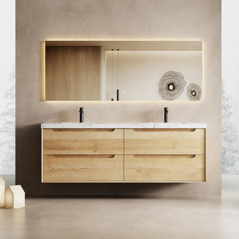 72" Double Wall Mounted Bathroom Vanity In Natural Oak With Engineered Stone Top, 72"