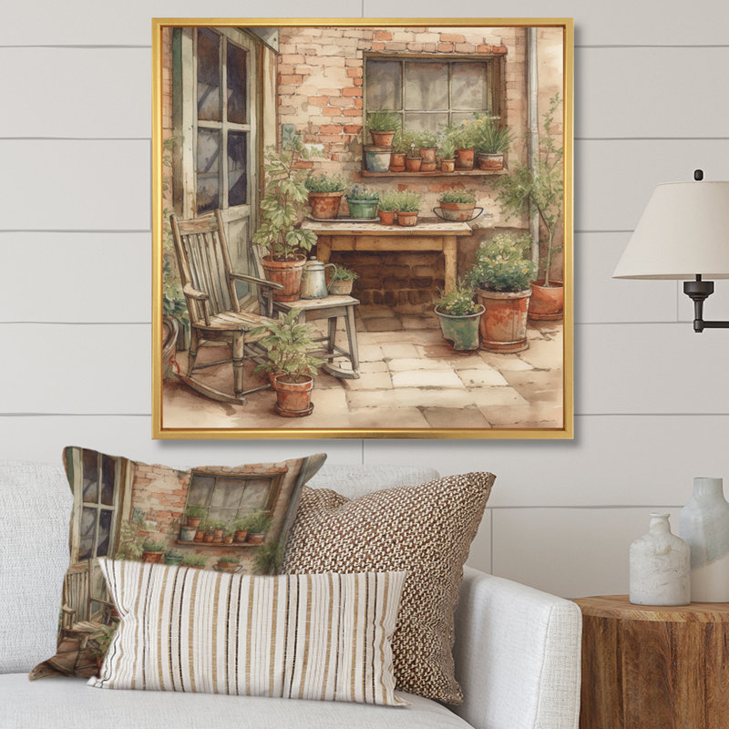 Chaise avec accoudoirs Rumman entourée de plantes IV sur toile, H 30 po x l 30 po x P 1 po, Cadre flottant doré