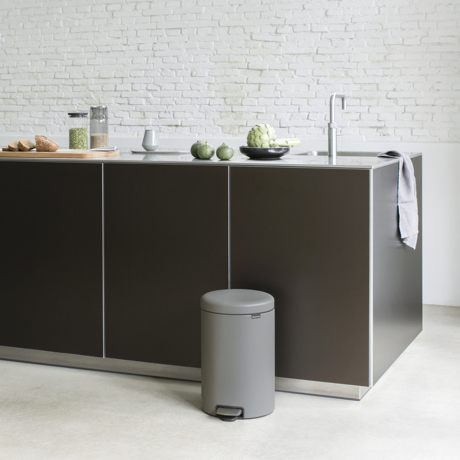 Brabantia Newicon 5.3gal Step-On Can, Mineral Concrete Gray