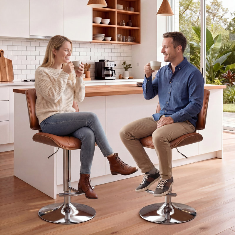 Tabouret de bar pivotant à hauteur réglable, siège en similicuir avec structure en métal pour comptoir de cuisine (orange, ensemble de 3)