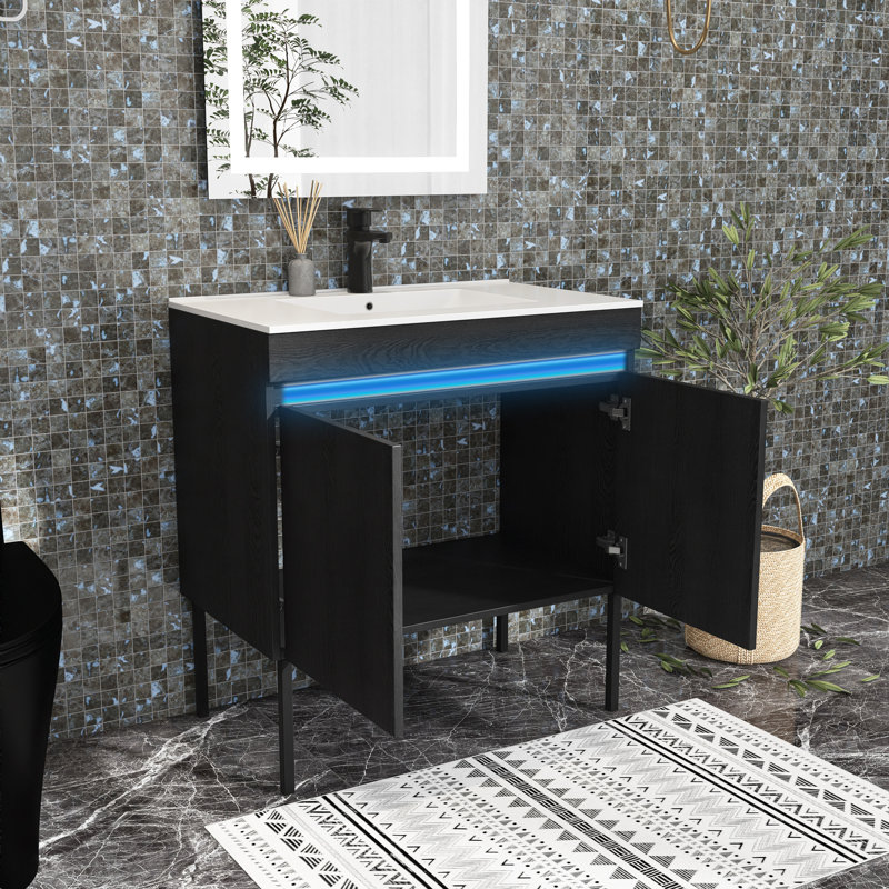 Meuble-lavabo simple 30 po avec plateau en céramique Leutrim, Noir