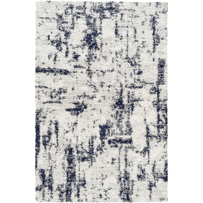 Moss Ivory & Blue Abstract Shag Modern Rug, Ivory/Blue, 4'10" x 8'0"