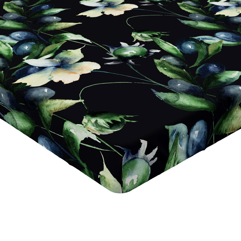 Drap-housse à motif floral Ambesonne, Drap-housse de taille simple, Bleu ardoise / vert / motif floral noir