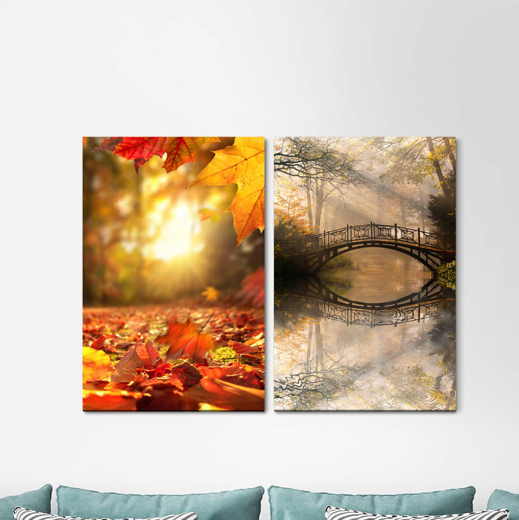 2-tlg. Leinwandbilder-Set - Fotografie „Autumn Golden Leaves Foliage Wooden Bridge River Fairytale Light Rays”