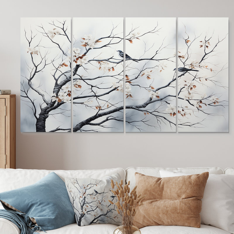 «Grey Floral Sprintime Tree Birds I», art mural 4 pièces, H 28 po x l 48 po