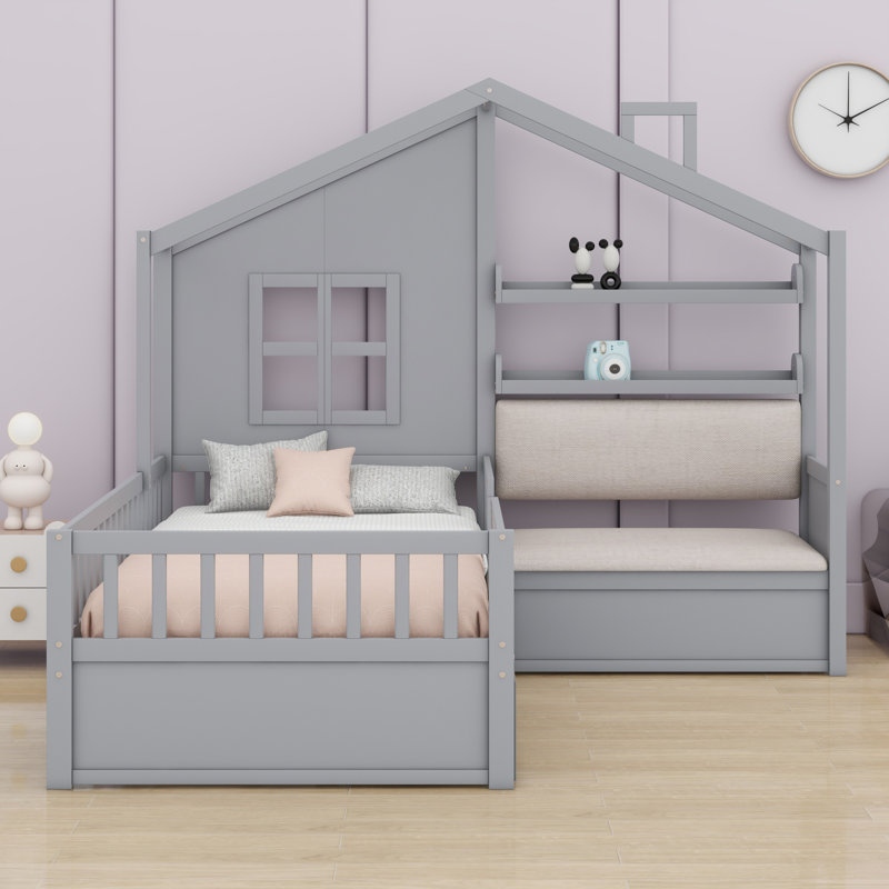 Lit House avec canapé, lit plateforme avec tiroirs et tablette de rangement, gris