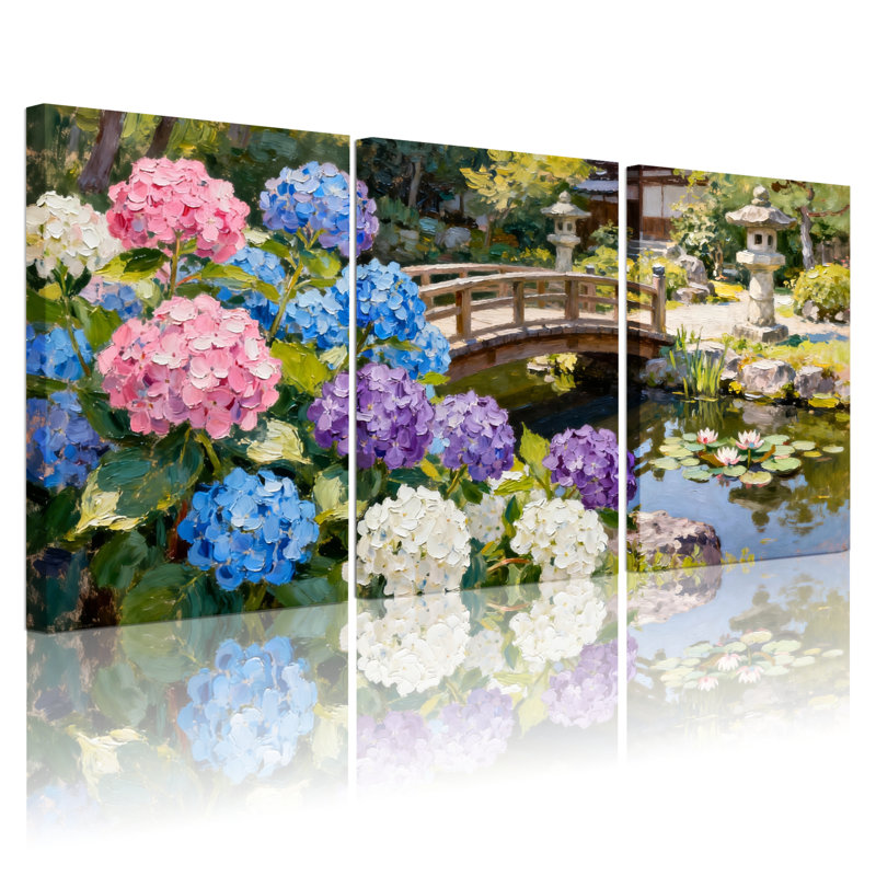 Ensemble de 3 tableaux sur toile tendue représentant un pont japonais et un jardin d'hortensias, H 30 po x l 60 po