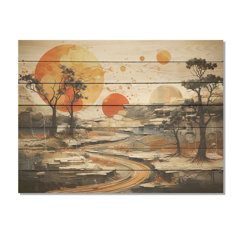 Orange Sunset Abstract Landscape Stream II - Paysage abstrait sur bois, H 30 po x l 40 po x P 0,78 po