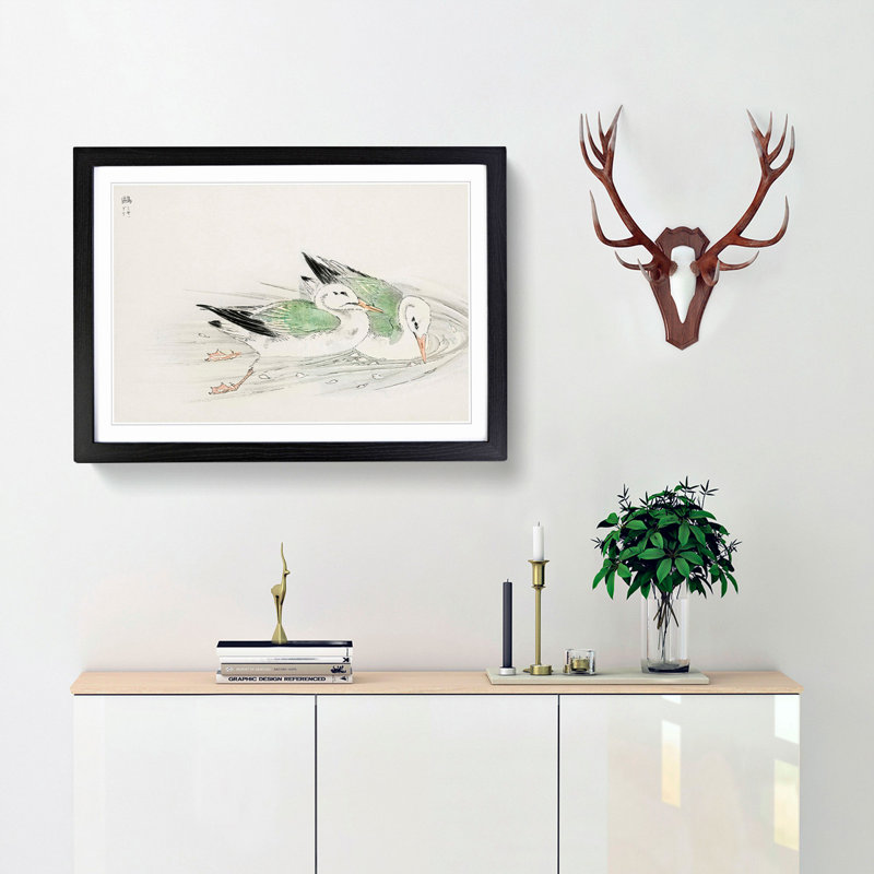 Two Gulls by Numata Kashu - Picture Frame Painting Print, Black Framed, 62cm H x 87cm W x 2cm D