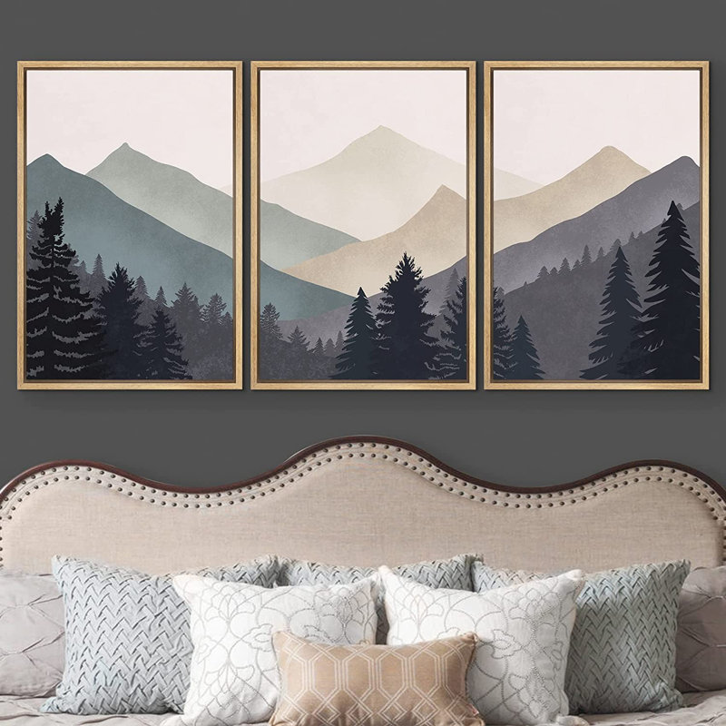 Sun Mountain Landscape "Abstract Neutral Forest Artwork, Simple Modern Minimalist Wall Pictures, Large Framed Canvas Giclee Print 3 Pieces Wall Art"
