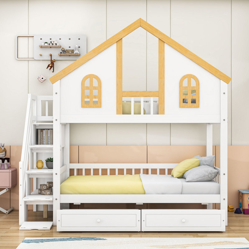 Two Drawers Wooden Bunk Bed With Storage Stairs And Shelves, Twin Over Twin