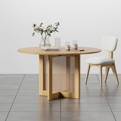 Round Solid Wood Dining Table with Rattan Pedestal