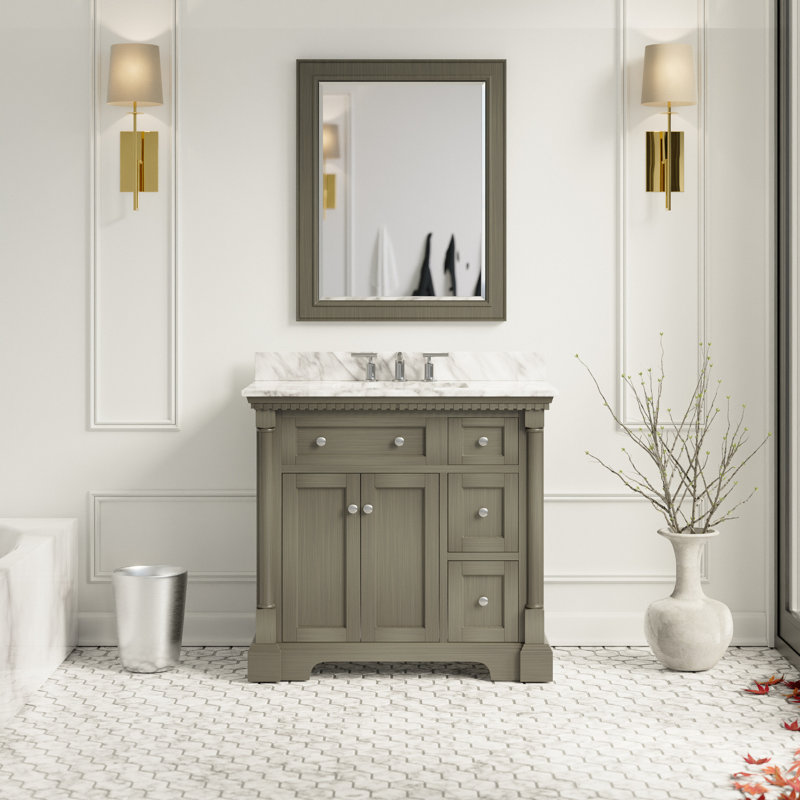 Ensemble de meuble-lavabo simple 36 po Fossen, Gris patiné, Marbre de Carrare