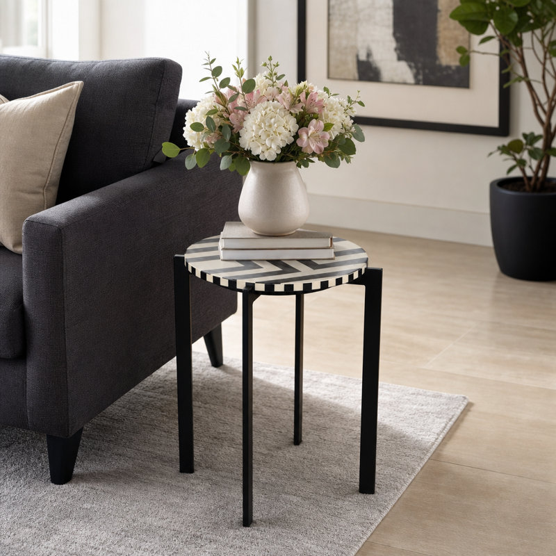 Table d'appoint avec plateau rond géométrique et base élégante - Accent moderne pour le salon ou les petits espaces - Table de bout étroite pour la décoration intérieure - 22,5 po, noir et blanc