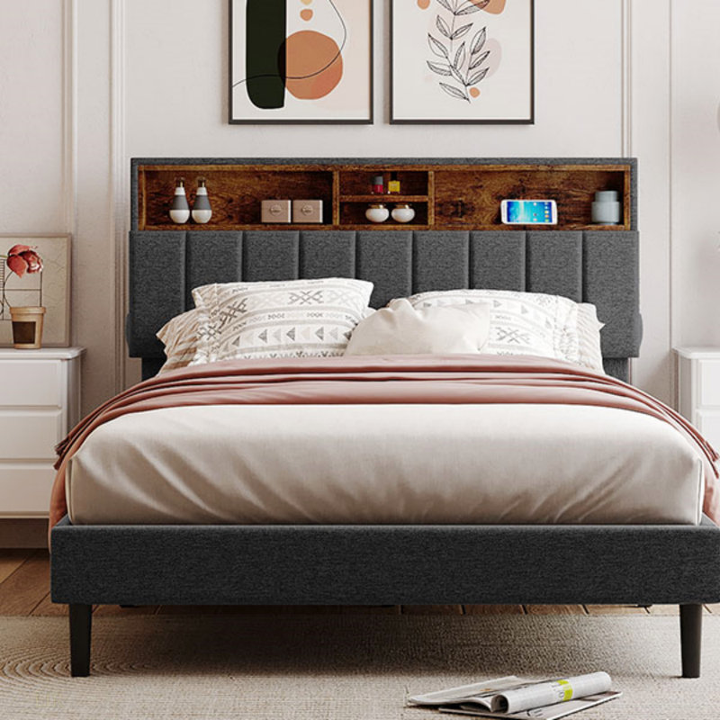 Full Size Upholstered Platform Bed With Storage Headboard And USB Port,  Linen Fabric Upholstered Bed