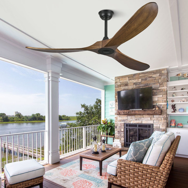Orren Ellis 52'' 3-Blade Ceiling Fan (No Light) – Solid Wood Walnut Propeller Ceiling Fans Without Light, Remote, DC Motor, Indoor/Outdoor/Patio (Coastal/Farmhouse)