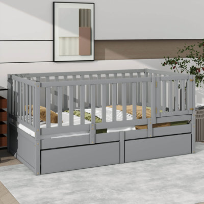 Twin Size Wooden Daybed Featuring Fence-Like Guardrails For Safety And Two Handy Integrated Drawers For Storage