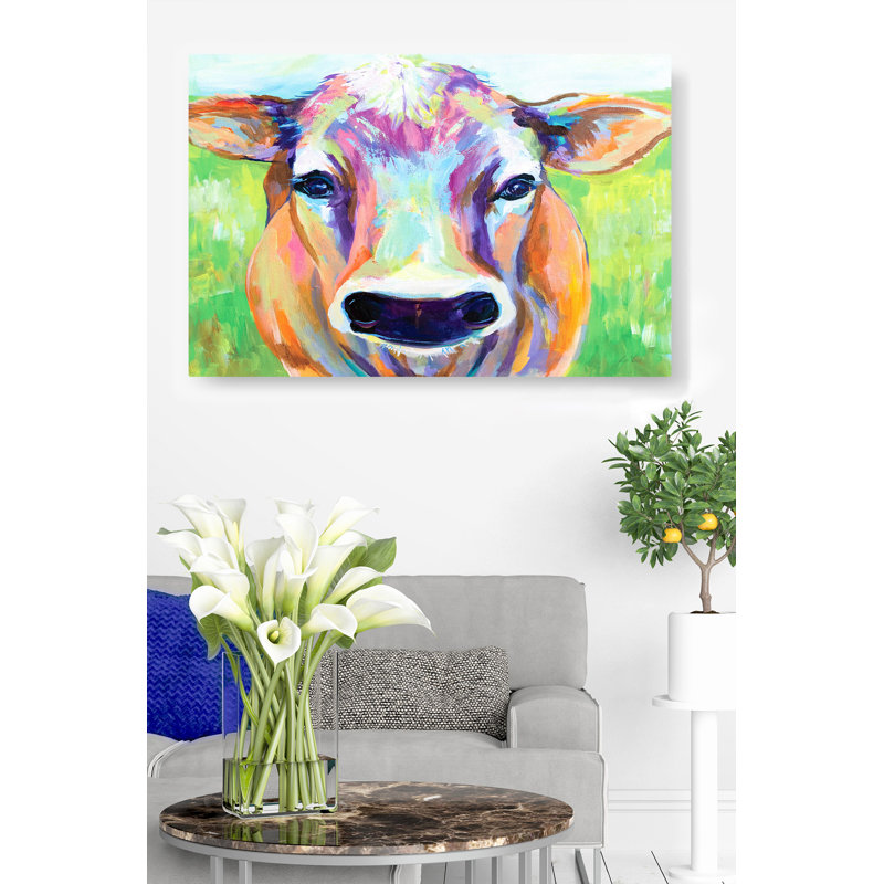 Vache colorée, impressionniste, bovin, vert, ferme, maison de campagne, mauve, orange, noir, blanc, vache