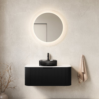 Meuble-lavabo 36 po avec armoire murale, rond noir transparent, tiroir à rayures 3D, meuble-lavabo pré-assemblé, lavabo en verre, contreplaqué