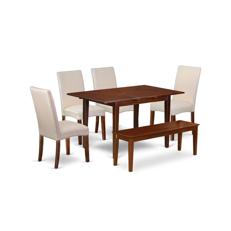 L'ensemble de table de salle à manger 6 pièces contient une table de cuisine rectangulaire avec feuille papillon et 4 chaises Parson en lin crème avec banc, acajou