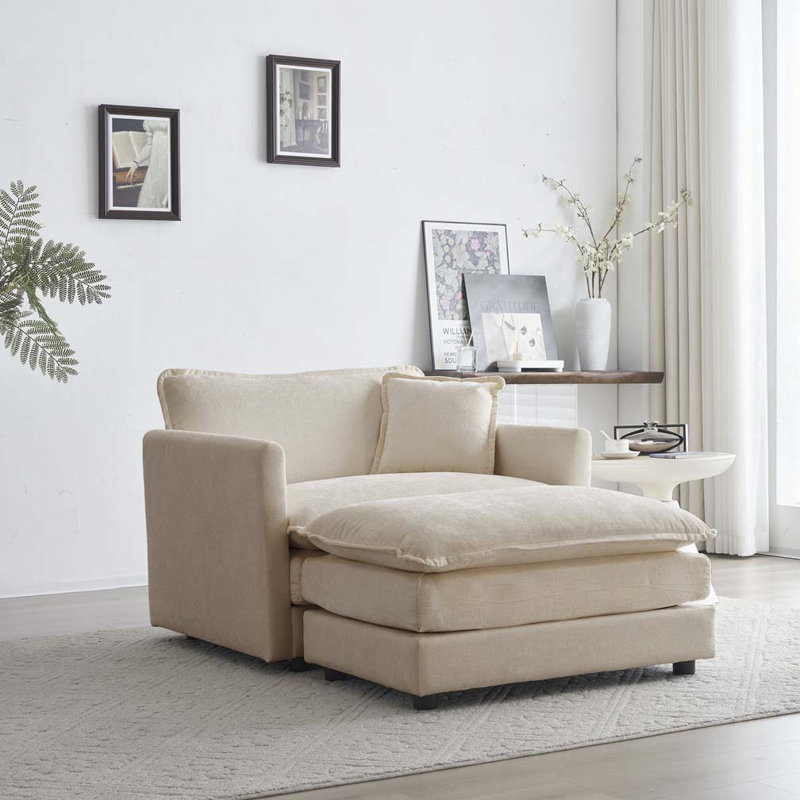 Fauteuil d'appoint en chenille rembourré avec repose-pieds, fauteuil club, Beige