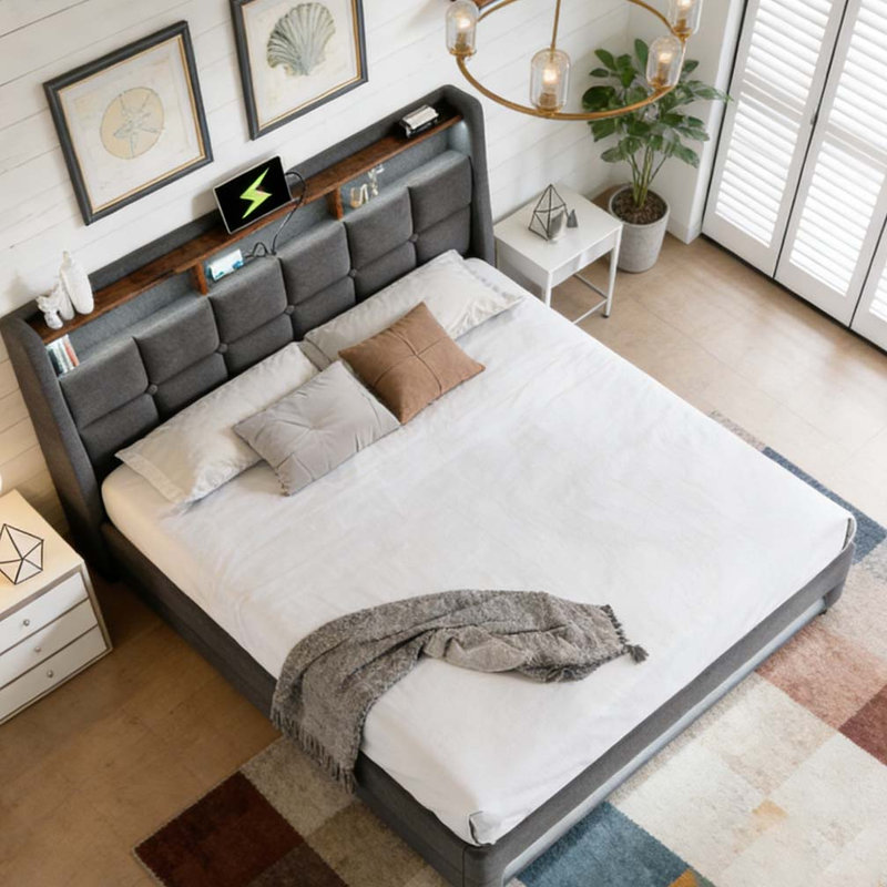 Lit plateforme double tapissier, Gris, Lit double