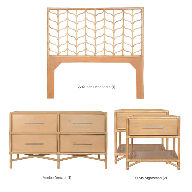 Ivy Four Piece Bedroom Set, 4 Pcs: Headboard, Dresser, 2 Nightstands, Natural, King