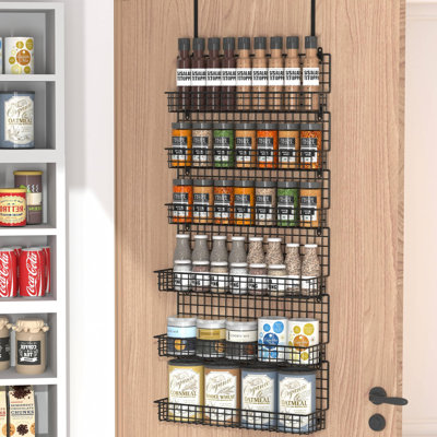Étagère à épices à 6 niveaux avec crochet de porte, support mural et porte-épices pour porte de garde-manger de cuisine, deux tailles, grande capacité, noir