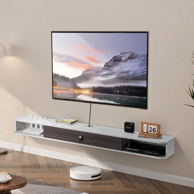 Meuble télé flottant, centre de divertissement mural avec trou de câble, tablette télé flottante moderne avec armoire de rangement, console de panneau de particules pour lecteur DVD, boîte de câble, console de jeu, blanc