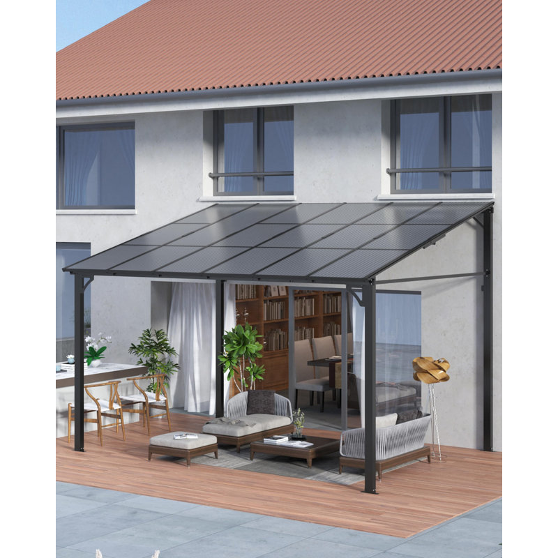 Lean To Gazebo, Pergola murale à toit rigide avec toit en polycarbonate, pavillon de jardin en aluminium