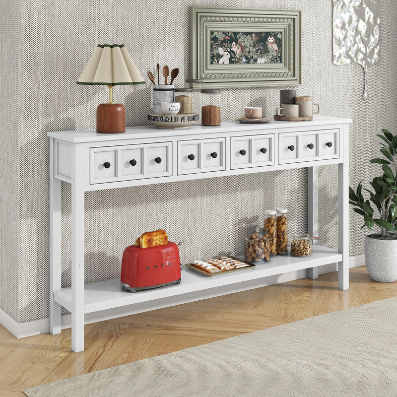 Rustic Entryway Console Table, 60" Long Sofa Table with two Different Size Drawers and Bottom Shelf for Storage (Antique White)