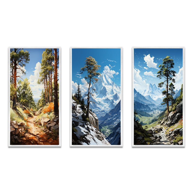 «Pine Tree Sunlit Path», 3 pièces sur toile, Cadre flottant blanc, H 28 po x l 36 po