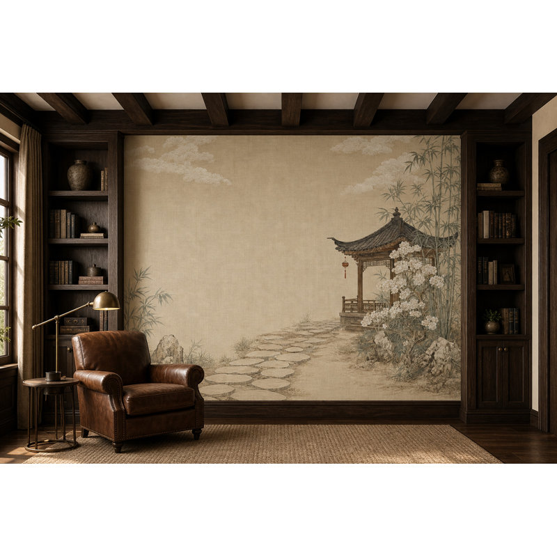 Papier peint paysage asiatique, pavillon traditionnel, bambouseraie, murale, 80"x96", Peel and Stick