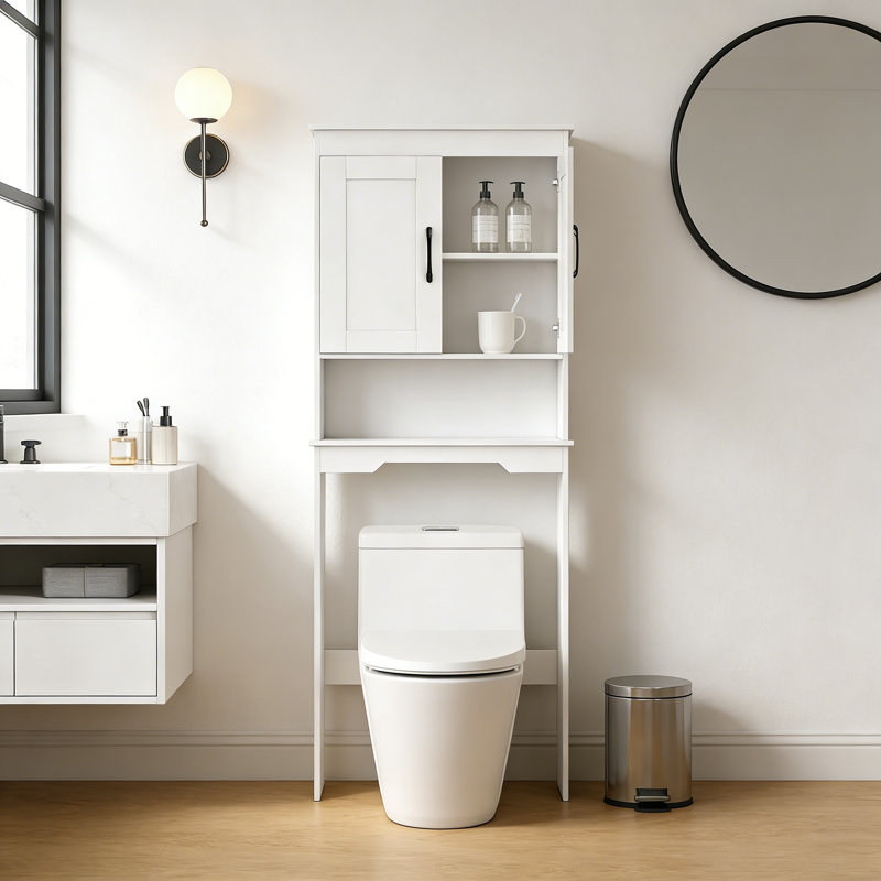 Armoire de rangement au-dessus de la toilette, organisateur de salle de bain autoportant à 3 niveaux avec tablette réglable et porte en bois, rangement peu encombrant pour la salle de bain, la salle de lavage et la salle de bain