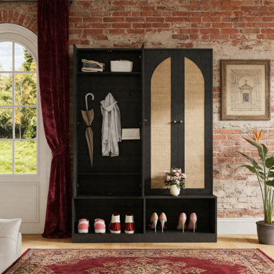 Arbre d'entrée de style campagnard avec portes en rotin, banc d'entrée 4 en 1 avec 6 crochets, armoire à chaussures Mid-Century avec tablettes réglables