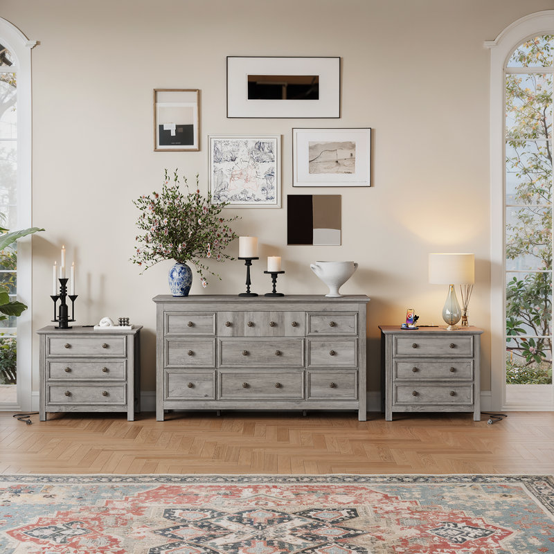 Ensemble de commode pour chambre à coucher 3 pièces - commode 9 tiroirs et deux tables de chevet 3 tiroirs l 26,7 po avec station de charge, gris délavé
