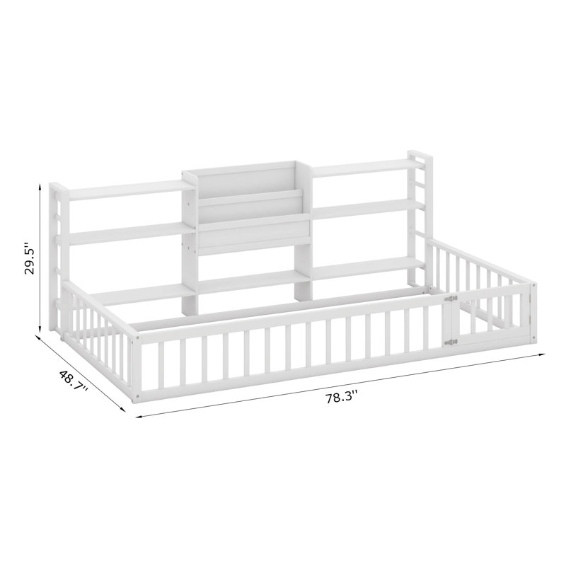 Structure de lit au sol avec bibliothèque et tablettes de rangement à 3 niveaux, lit en bois avec barrière de sécurité et porte