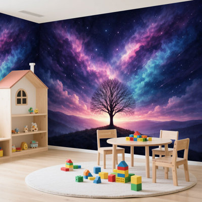 Papier peint adhésif auto-adhésif moderne pour la chambre à coucher Peel and Stick L 144 po x l 100 po - avec arbre silhouette contre nébuleuse cosmique, impression de couleurs vives du ciel