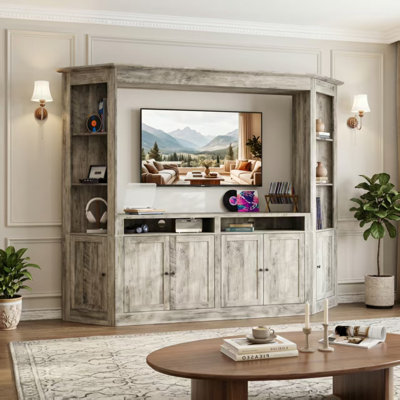 Large Storage Media Console With Open Shelves & Cabinets