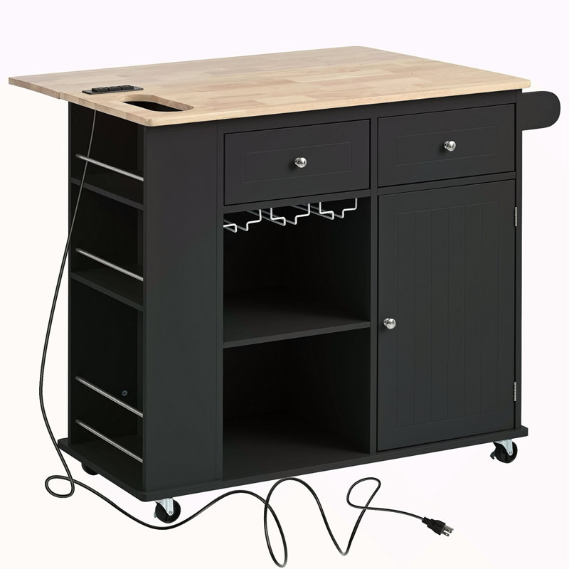 Kitchen Island With Power Outlet,Kitchen Storage Island With Drop Leaf And Rubber Wood,Open Storage And Wine Rack,5 Wheels,With Adjustable Storage For Home, Kitchen, And Dining Room